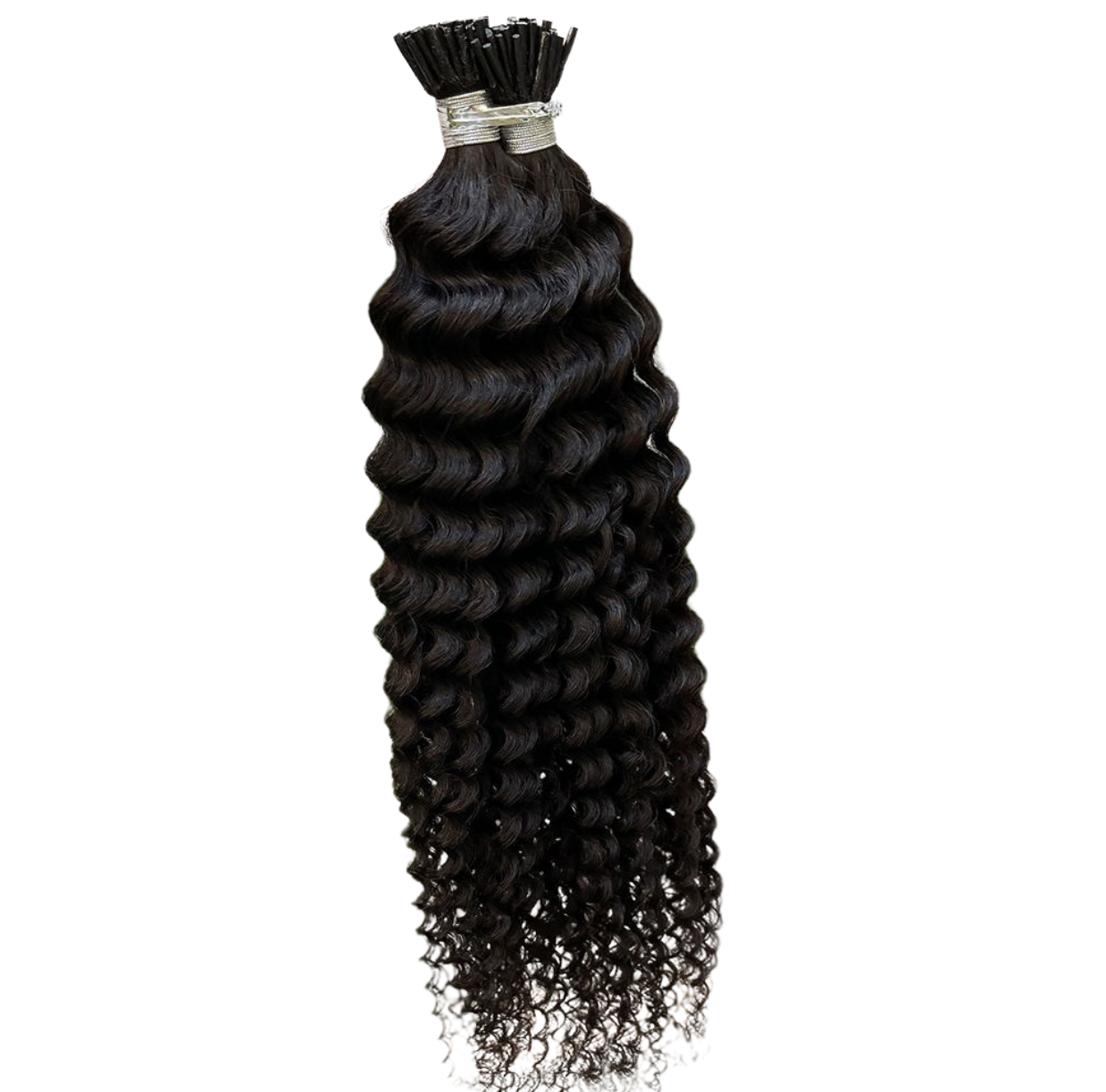 Loose Deep Wave Human Hair i Tip Microlinks in natural black color, showcasing its soft, bouncy texture and high-quality strands.