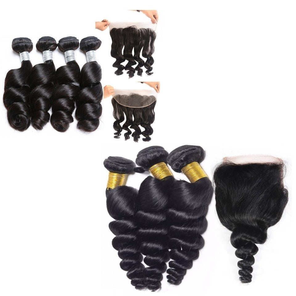 Loose Wave 10A Grade hair bundles with 4x4 closure and 13x4 frontal, showcasing natural color and luxurious texture.