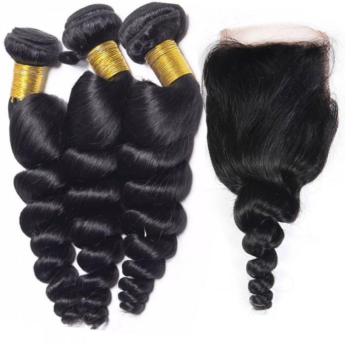 Loose Wave 10A Grade hair bundles with 4x4 closure and 13x4 frontal, showcasing natural color and luxurious texture.