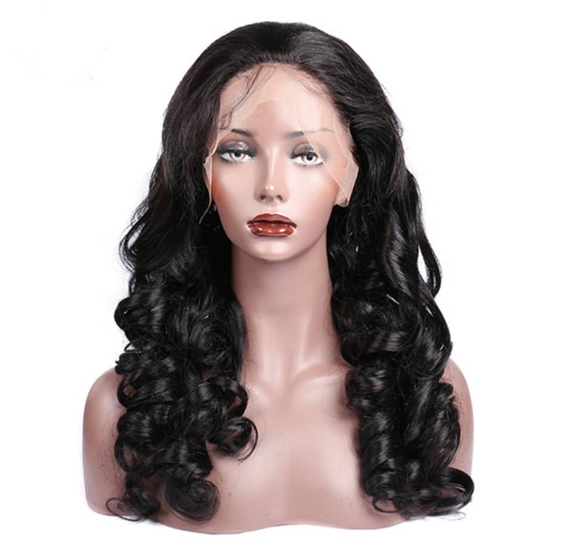 Loose Wave 13x6 Transparent Lace Frontal Brazilian Human Hair Wig displayed on a mannequin, showcasing its natural black color and loose wave texture.