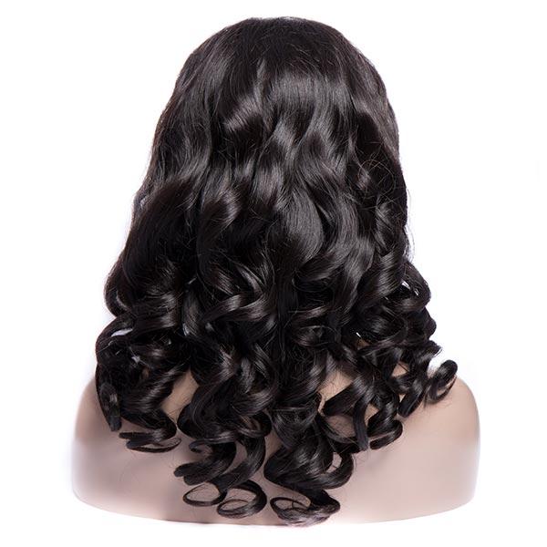 Loose Wave 13x6 Transparent Lace Frontal Brazilian Human Hair Wig displayed on a mannequin, showcasing its natural black color and loose wave texture.