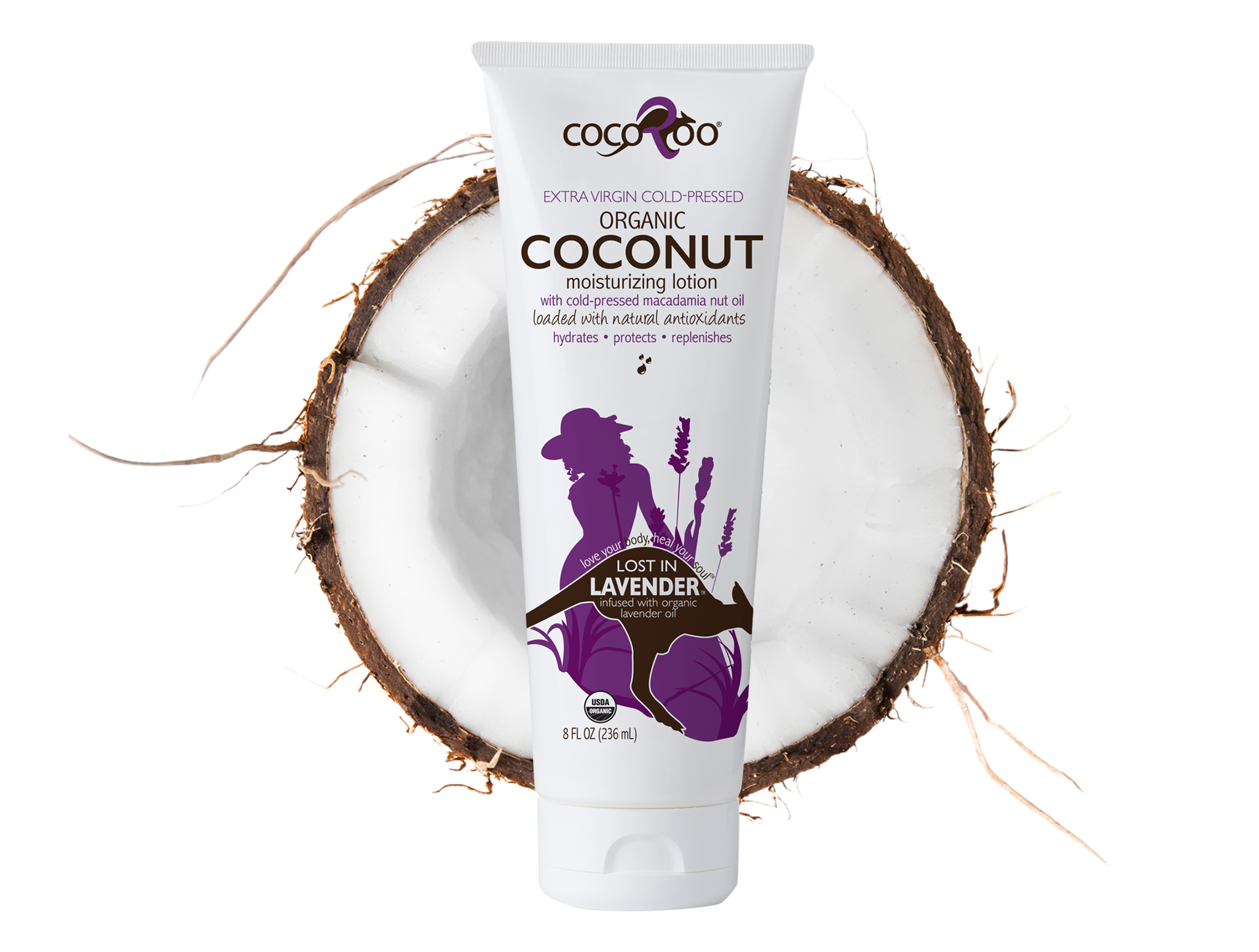 Lost in Lavender Organic Coconut Oil Moisturizer in an 8 oz tube, featuring a calming lavender design.