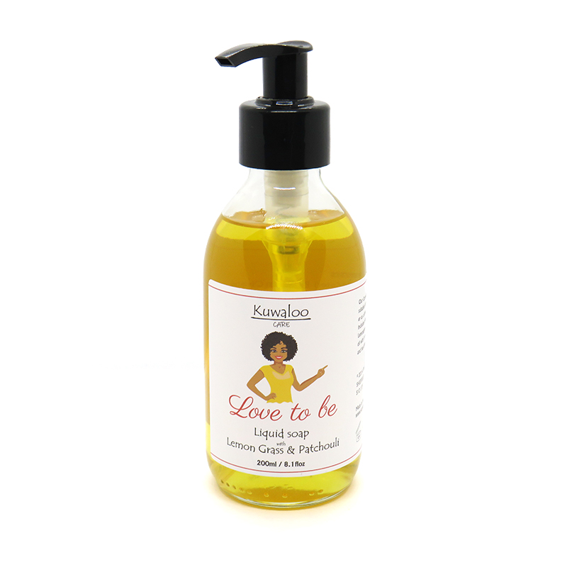 200ml bottle of 'Love to Be' Organic Liquid Soap with Lemon Grass and Patchouli, showcasing its natural ingredients and eco-friendly packaging.