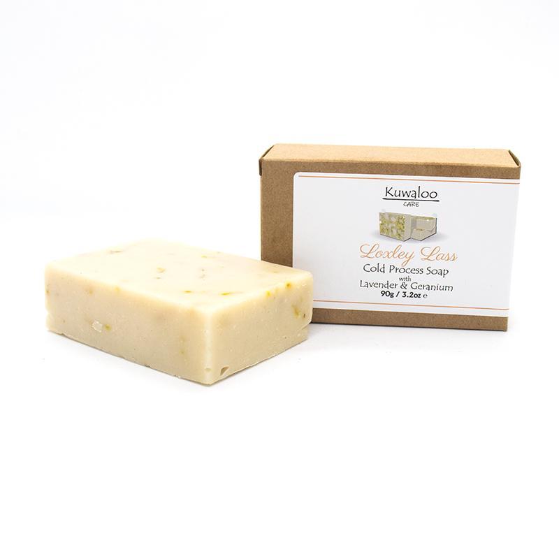 Loxley Lass Organic Soap 90g with Lavender and Geranium, showcasing its natural ingredients and floral design.