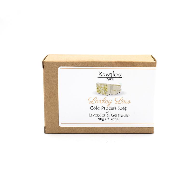 Loxley Lass Organic Soap 90g with Lavender and Geranium, showcasing its natural ingredients and floral design.