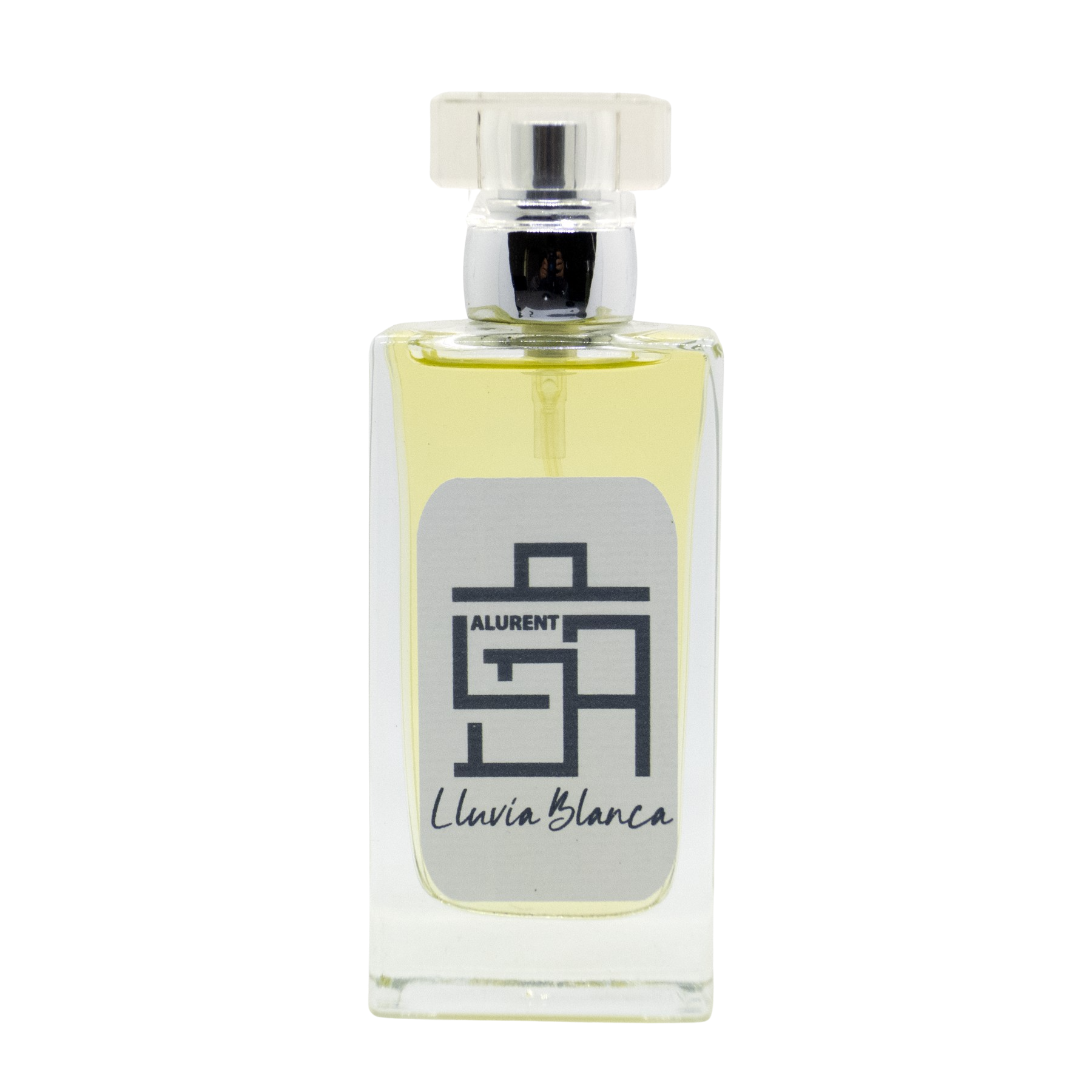 Lluvia Blanca perfume bottle with floral and citrus notes, elegantly designed.