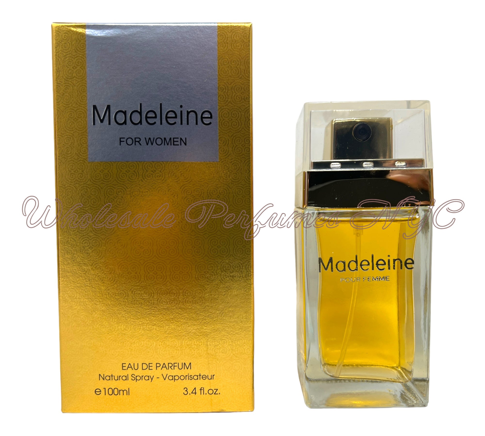 A 3.4oz bottle of Madeleine for Women Eau de Parfum, elegantly designed with a chic label, showcasing its luxurious fragrance.