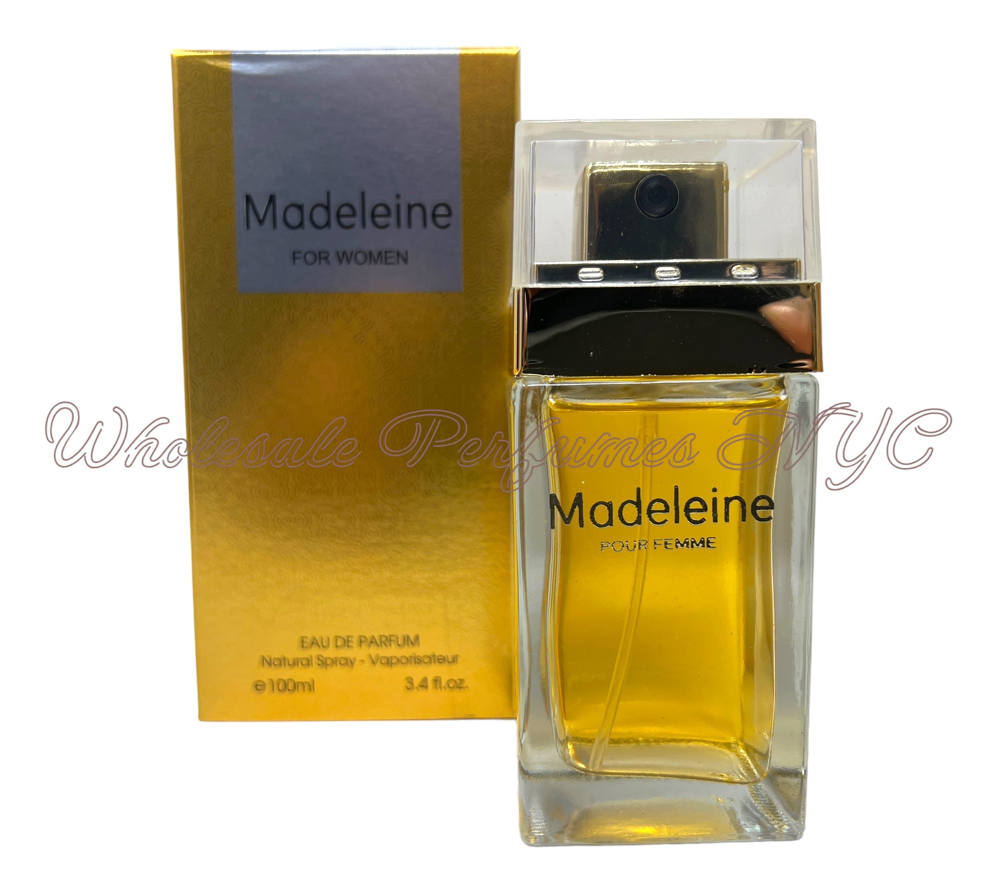 A 3.4oz bottle of Madeleine for Women Eau de Parfum, elegantly designed with a chic label, showcasing its luxurious fragrance.