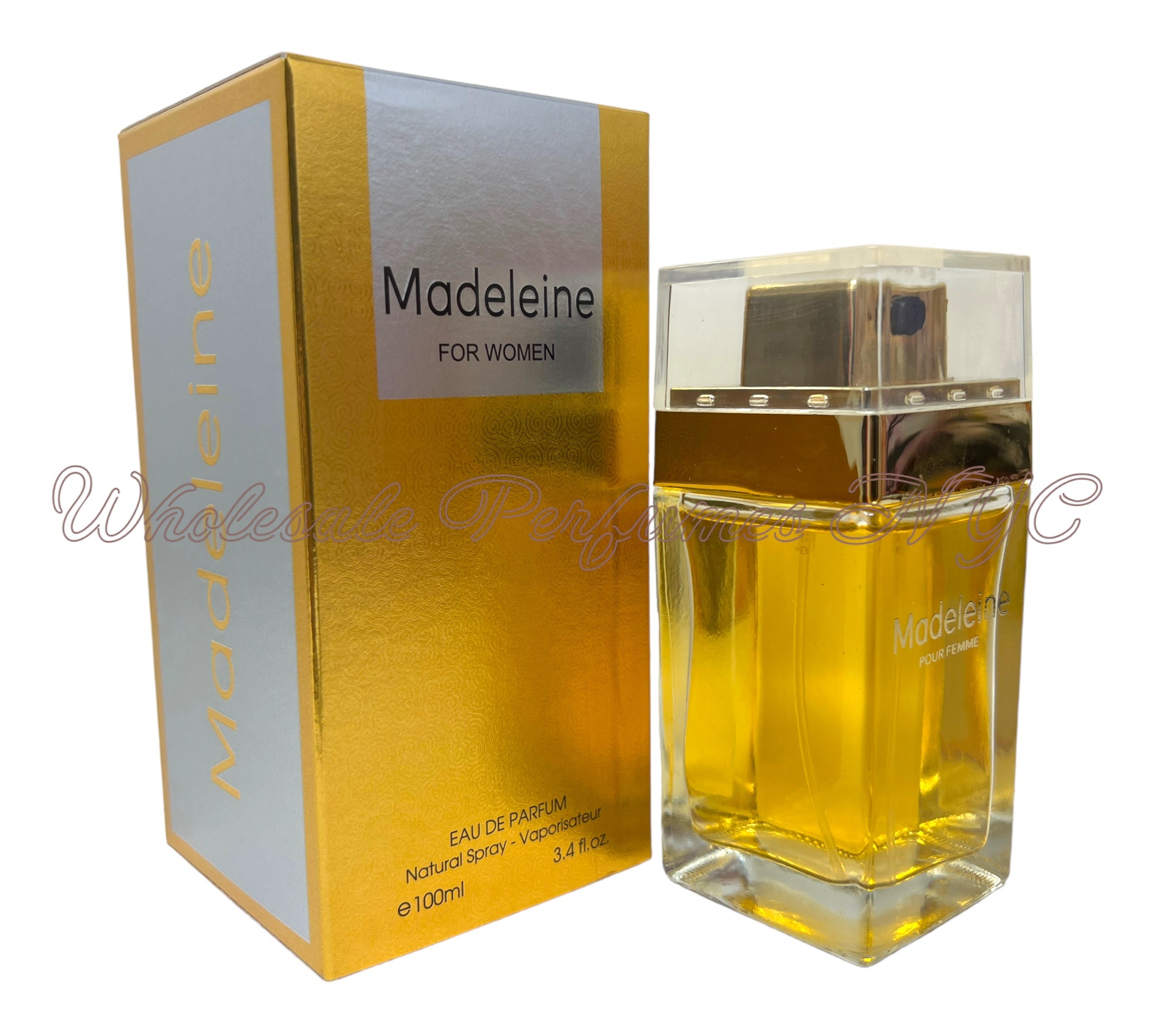 A 3.4oz bottle of Madeleine for Women Eau de Parfum, elegantly designed with a chic label, showcasing its luxurious fragrance.