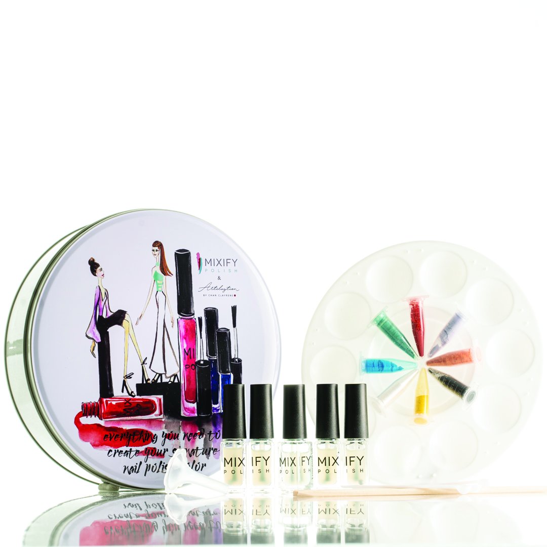 Make Your Own Nail Polish Kit in a limited edition tin with colorful pigments and tools for creating custom nail polish.