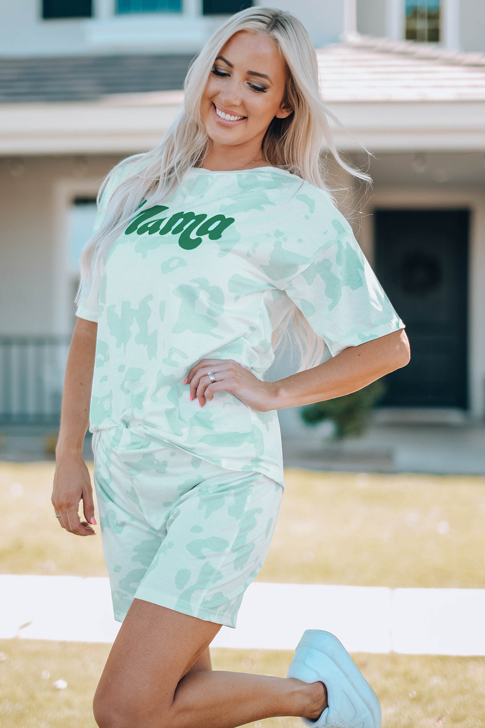 Mama Tie-dye Print T Shirt and Shorts Set featuring a vibrant tie-dye design with a comfortable cotton fabric, perfect for casual wear.