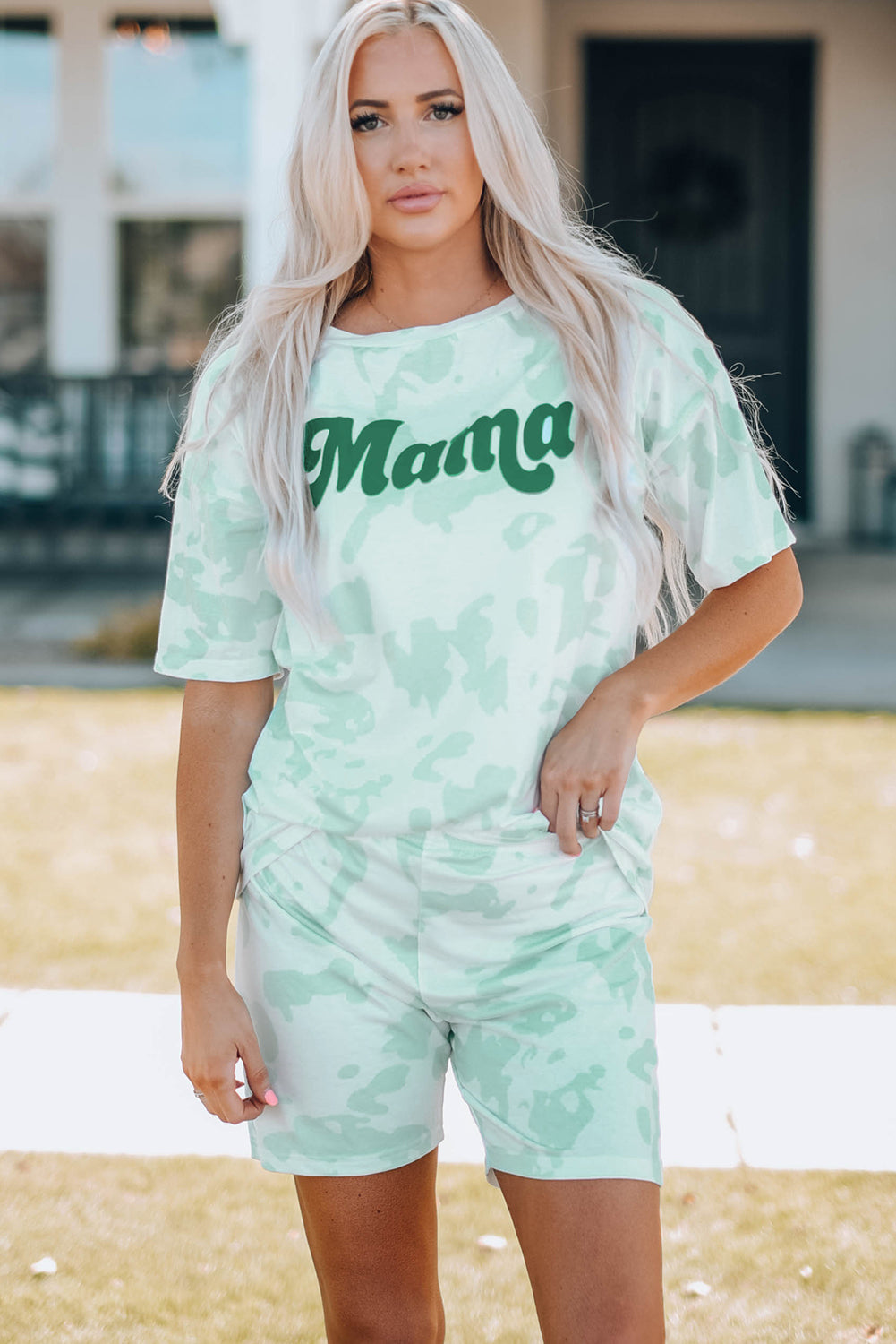 Mama Tie-dye Print T Shirt and Shorts Set featuring a vibrant tie-dye design with a comfortable cotton fabric, perfect for casual wear.