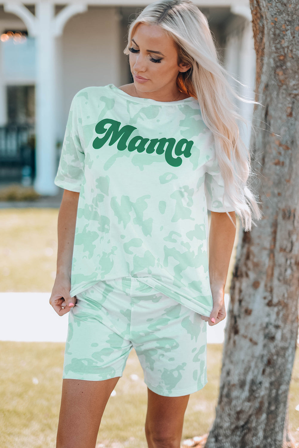 Mama Tie-dye Print T Shirt and Shorts Set featuring a vibrant tie-dye design with a comfortable cotton fabric, perfect for casual wear.