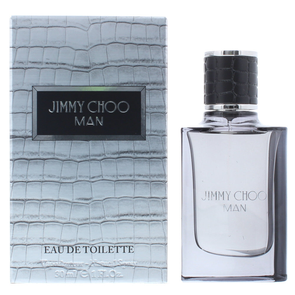 Jimmy Choo Man Eau de Toilette bottle with a sleek design, showcasing its aromatic fruity fragrance for men.