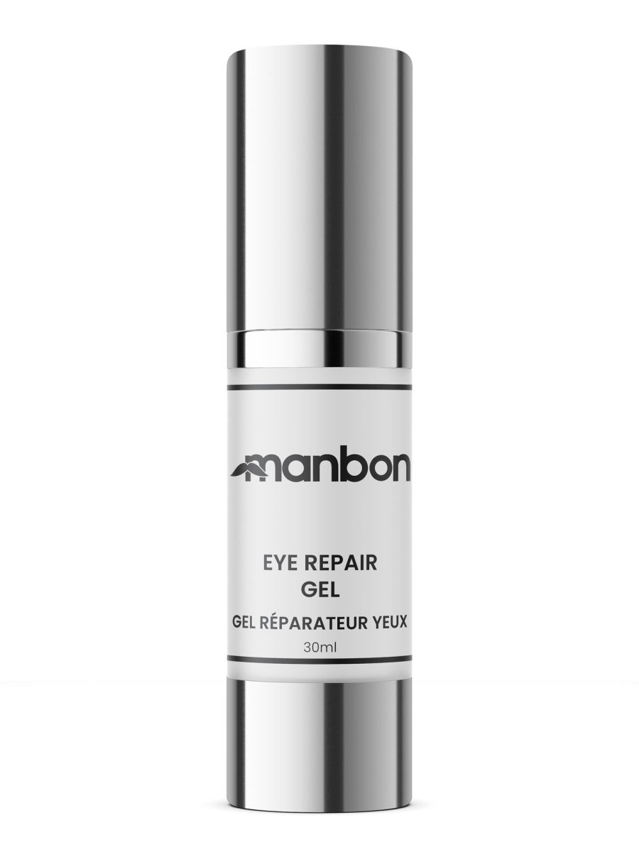 MANBON Natural Elixir Eye Repair Gel in a sleek 30ml container, showcasing its rich texture and key ingredients.