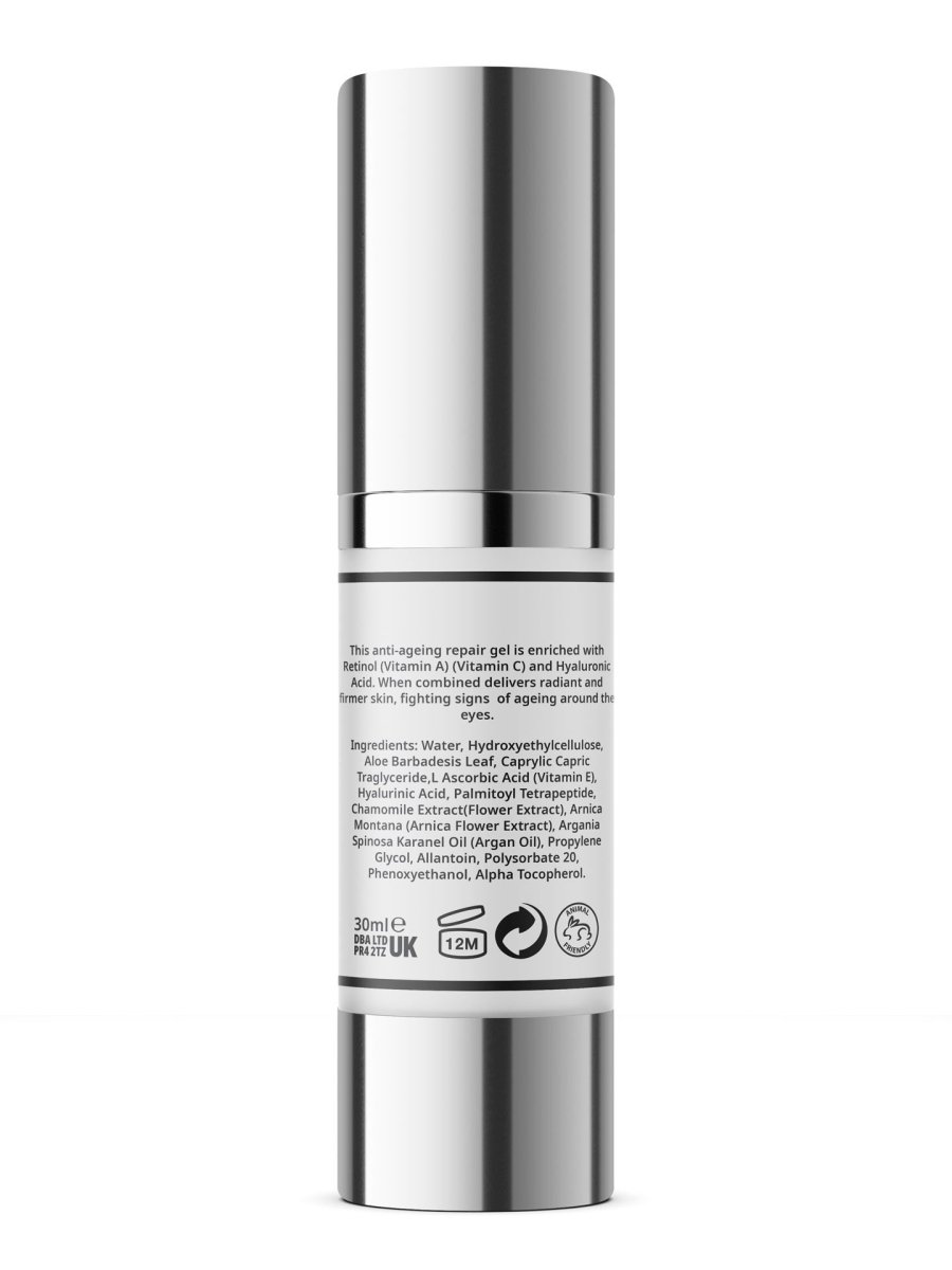 MANBON Natural Elixir Eye Repair Gel in a sleek 30ml container, showcasing its rich texture and key ingredients.