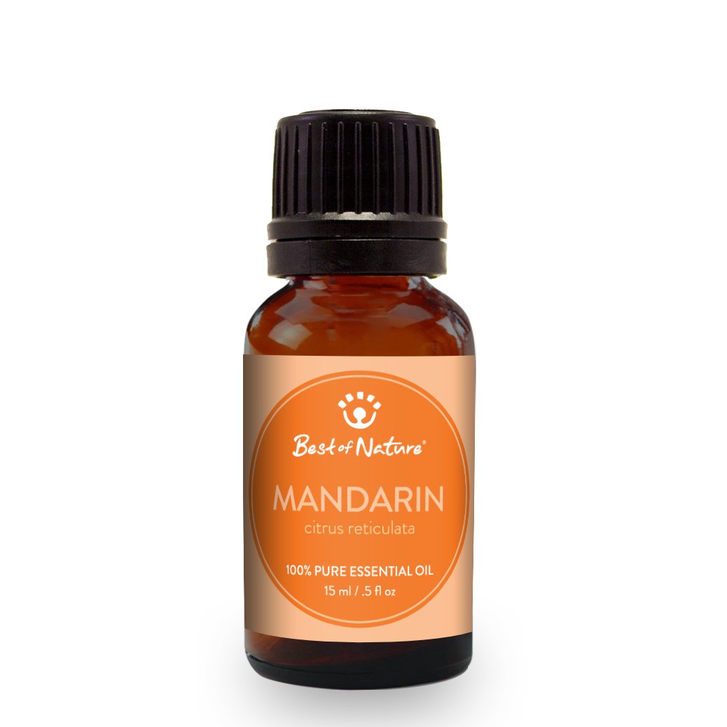 A bottle of 100% pure Mandarin Essential Oil with a citrusy aroma, surrounded by fresh mandarin oranges.