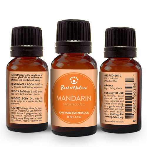 A bottle of 100% pure Mandarin Essential Oil with a citrusy aroma, surrounded by fresh mandarin oranges.