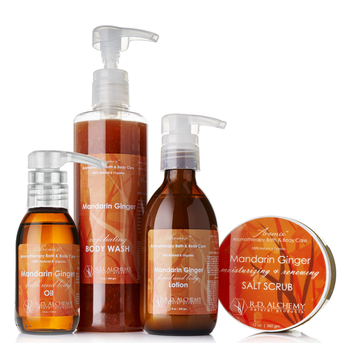 Mandarin Ginger Body Care Set featuring body wash, scrub, lotion, and oil in elegant packaging with citrus and ginger accents.