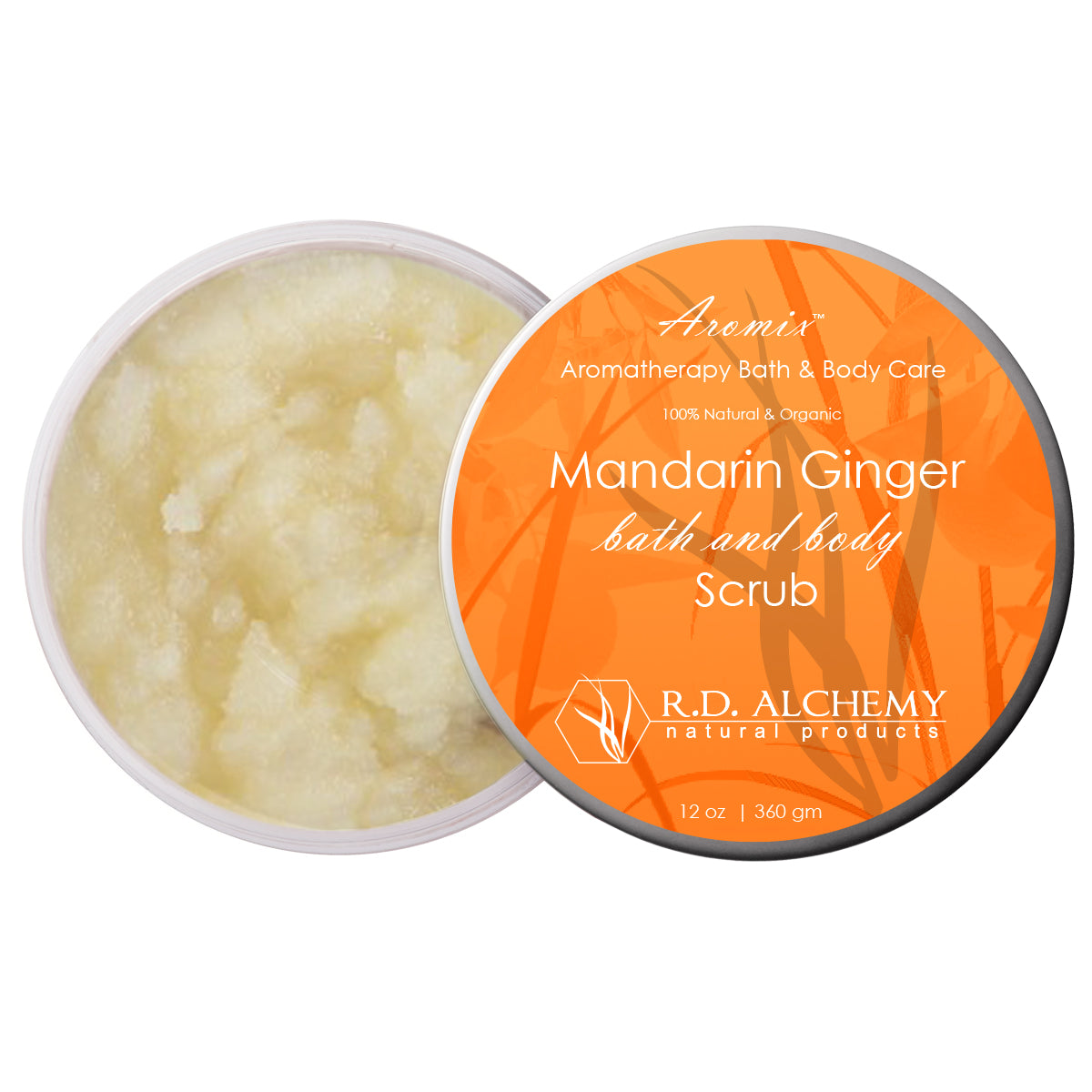 Mandarin Ginger Sea Salt Body Scrub in a clear jar with a wooden spoon, showcasing its textured scrub consistency and vibrant color.