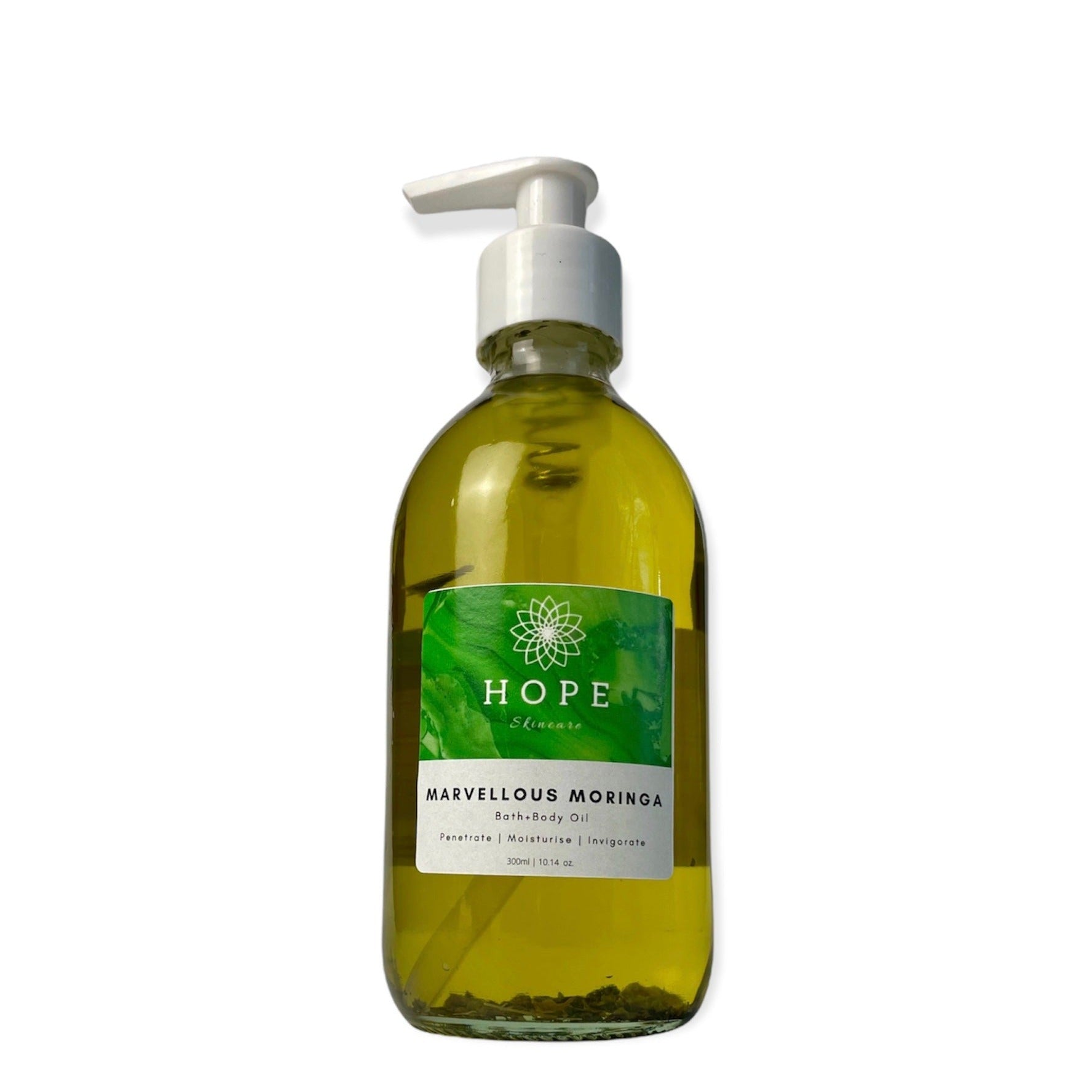 Bottle of Marvellous Moringa Bath + Body Oil with a rich blend of nourishing oils for skin hydration.