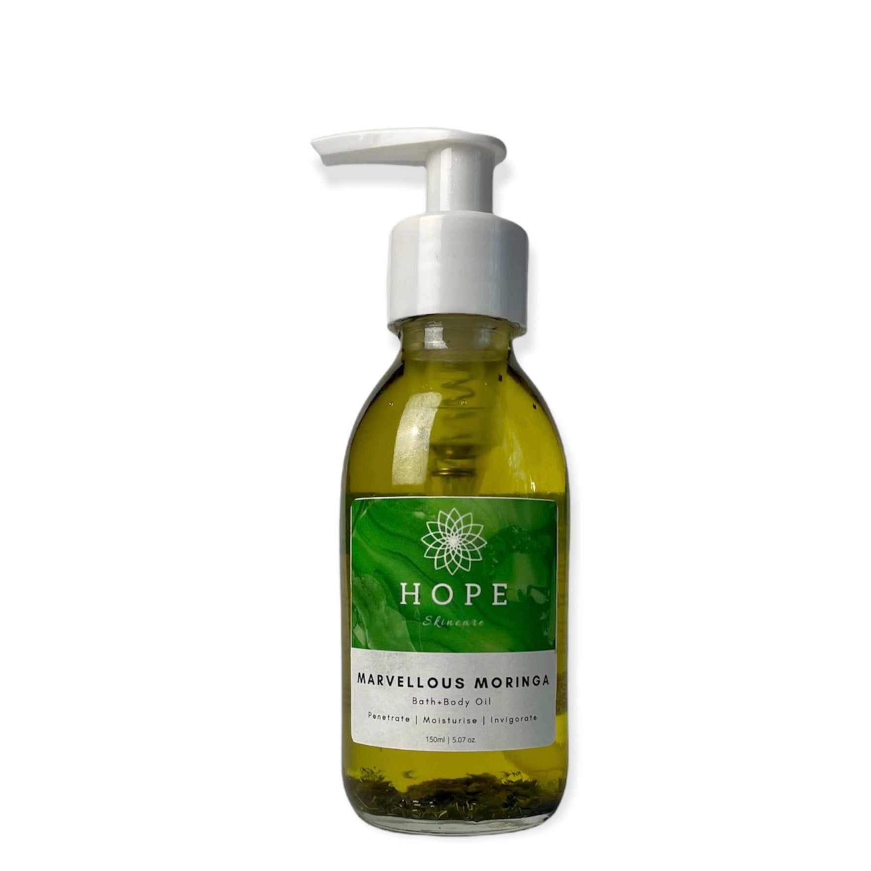 Bottle of Marvellous Moringa Bath + Body Oil with a rich blend of nourishing oils for skin hydration.