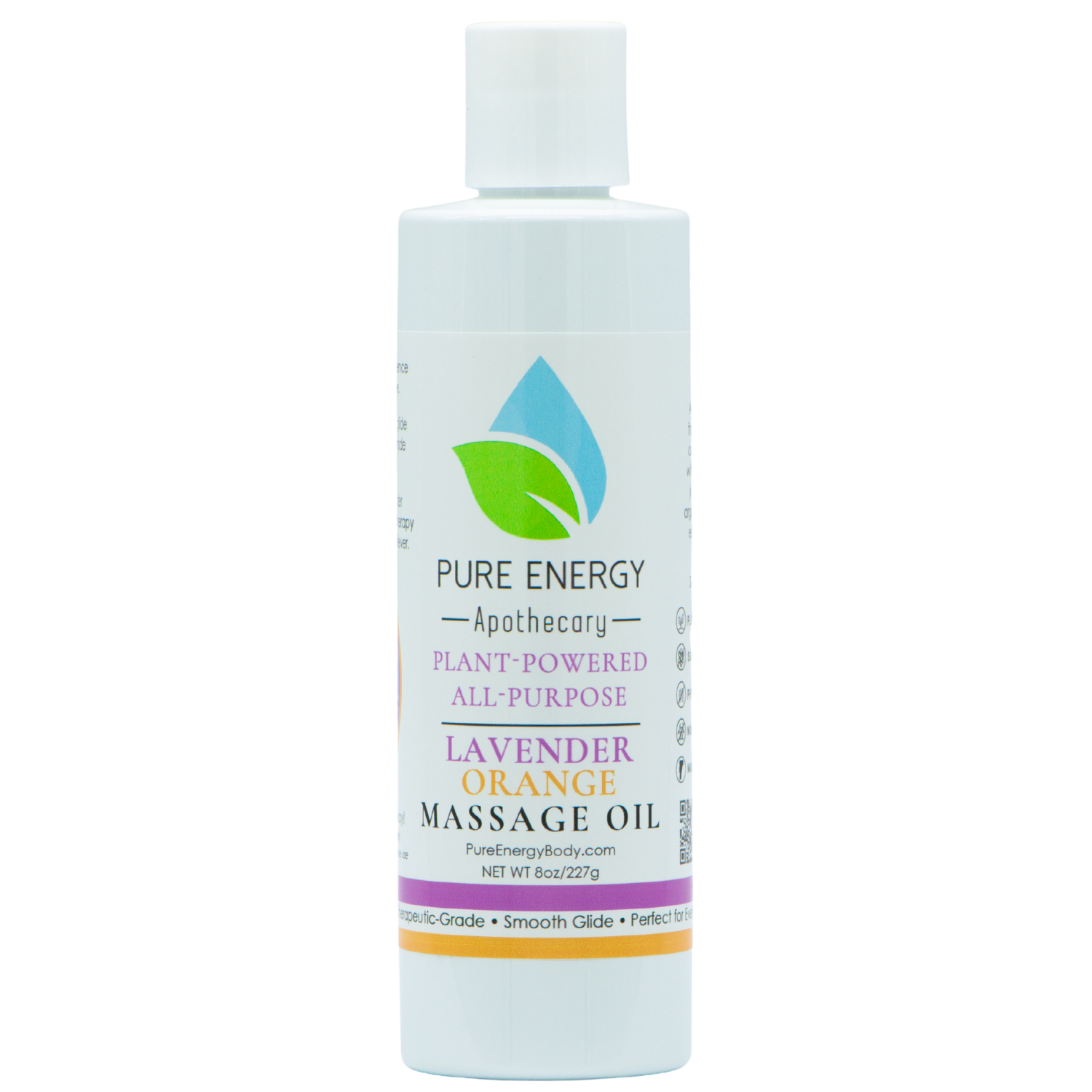 A bottle of Lavender Orange Massage Oil with a calming lavender and sweet orange scent, perfect for relaxation and skin nourishment.