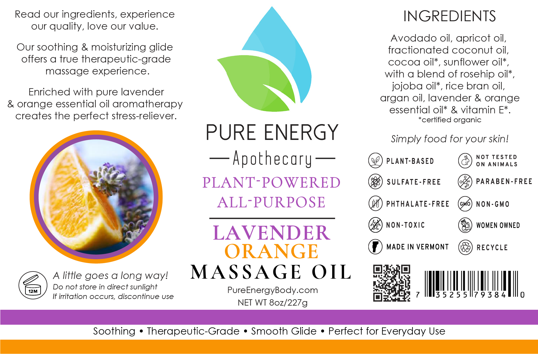 A bottle of Lavender Orange Massage Oil with a calming lavender and sweet orange scent, perfect for relaxation and skin nourishment.