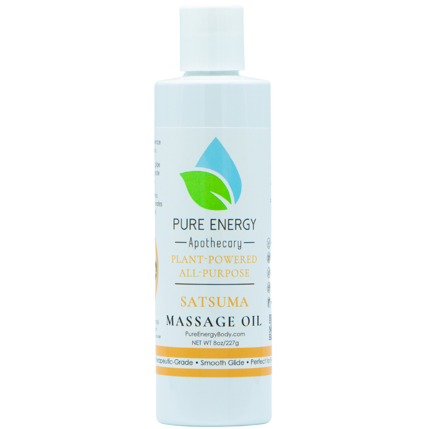 A bottle of Satsuma massage oil with a refreshing orange scent, surrounded by natural ingredients like avocado and jojoba oil.