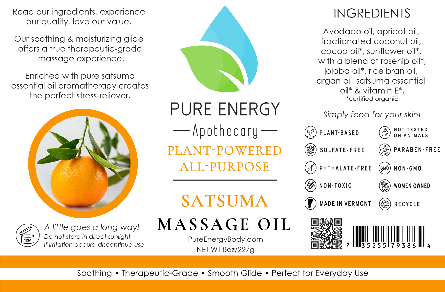 A bottle of Satsuma massage oil with a refreshing orange scent, surrounded by natural ingredients like avocado and jojoba oil.