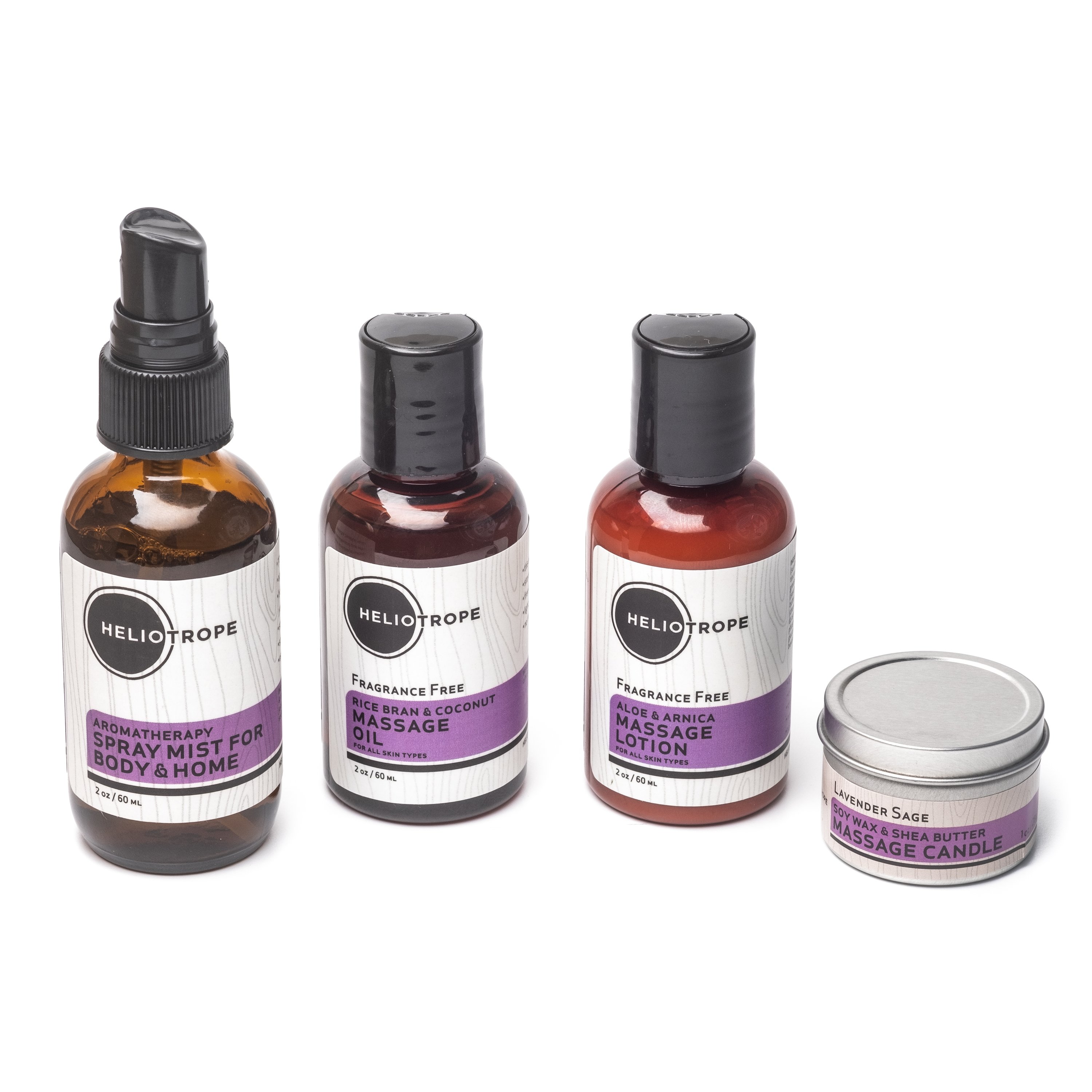 Massage Travel Sampler kit featuring lotion, oil, aromatherapy spray, and candle in a vinyl travel bag.