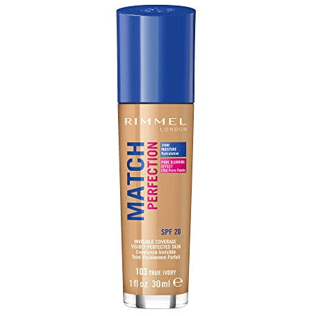 Rimmel Match Perfection Foundation in 103 True Ivory, showcasing the bottle and its elegant design.