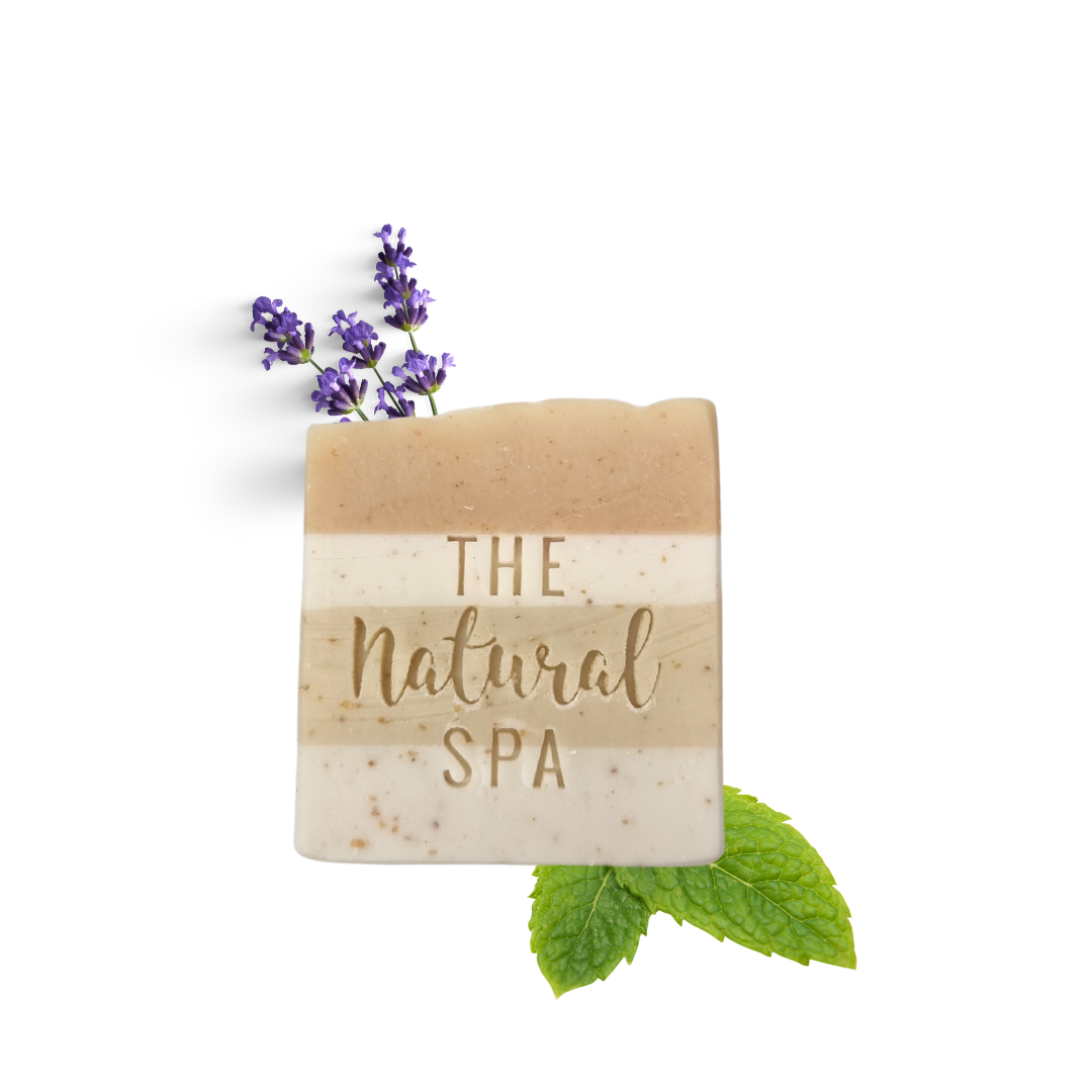 Matcha Mysteries Soap bar featuring lavender, peppermint, and green tea colors, elegantly designed for a luxurious bathing experience.