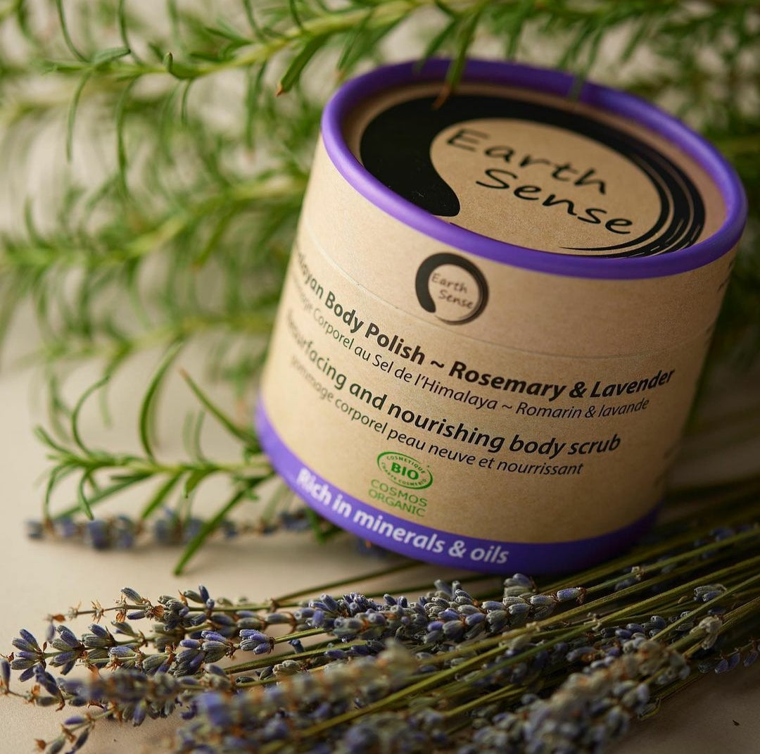 MAXI BUNDLE of 4 x 200ml Organic Certified Body Polish Exfoliants featuring Lavender and Rosemary scents, showcasing eco-friendly packaging.