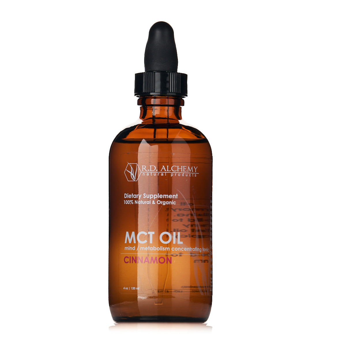 A bottle of MCT Oil with a cinnamon flavor, showcasing its sleek design and vibrant label, perfect for enhancing energy and focus.