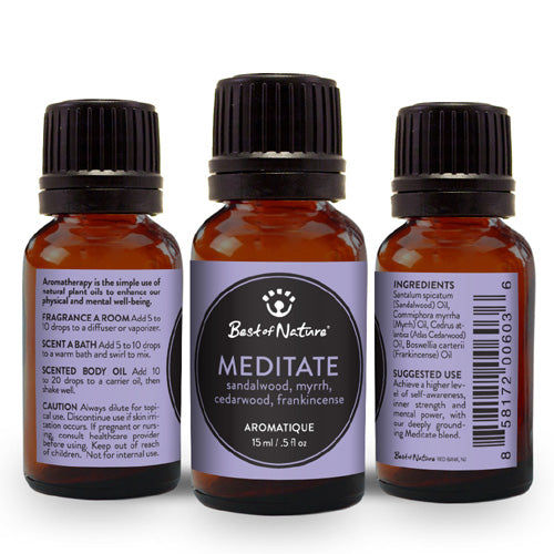 Meditate Aromatique Essential Oil Blend featuring Sandalwood, Myrrh, Cedarwood, and Frankincense in a stylish bottle.