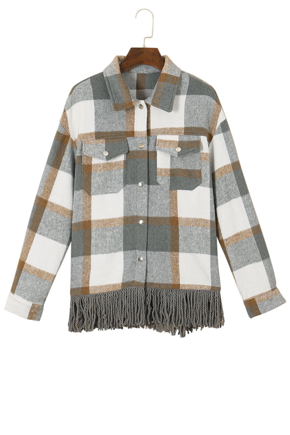 A stylish medium grey plaid jacket featuring a fringed hem, metal snap buttons, and two chest pockets, perfect for layering.