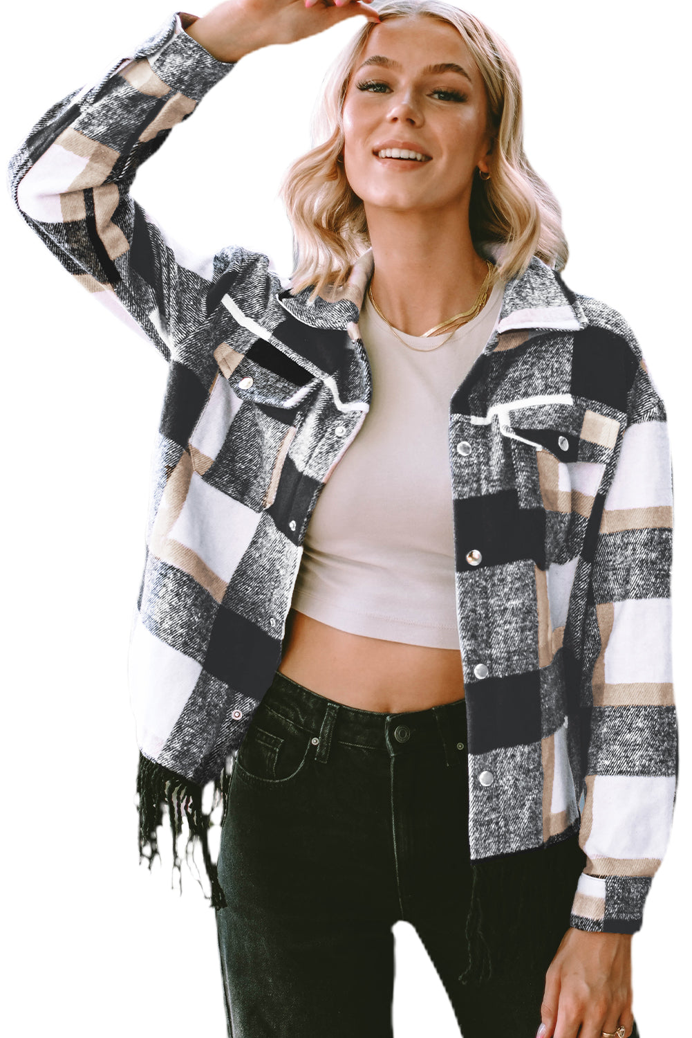 A stylish medium grey plaid jacket featuring a fringed hem, metal snap buttons, and two chest pockets, perfect for layering.