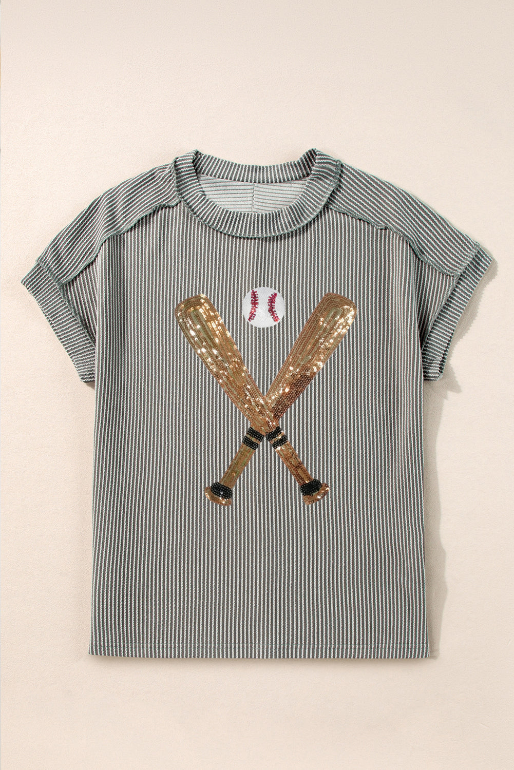 Medium grey ribbed knit crewneck t-shirt featuring a shiny sequin baseball pattern, perfect for stylish casual wear.