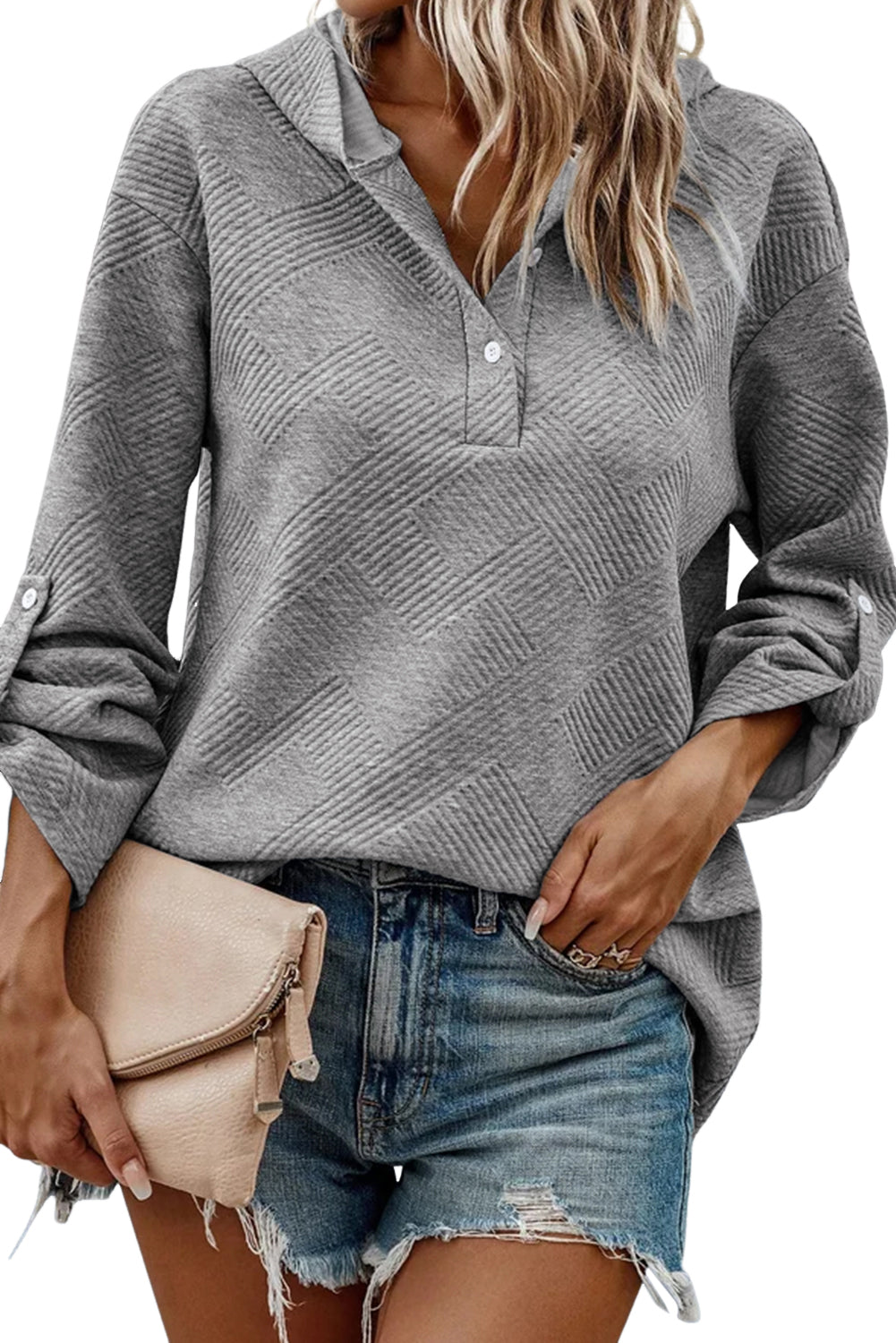 Medium grey pullover hoodie with textured knit and pin-up sleeves, featuring buttons for easy wear.