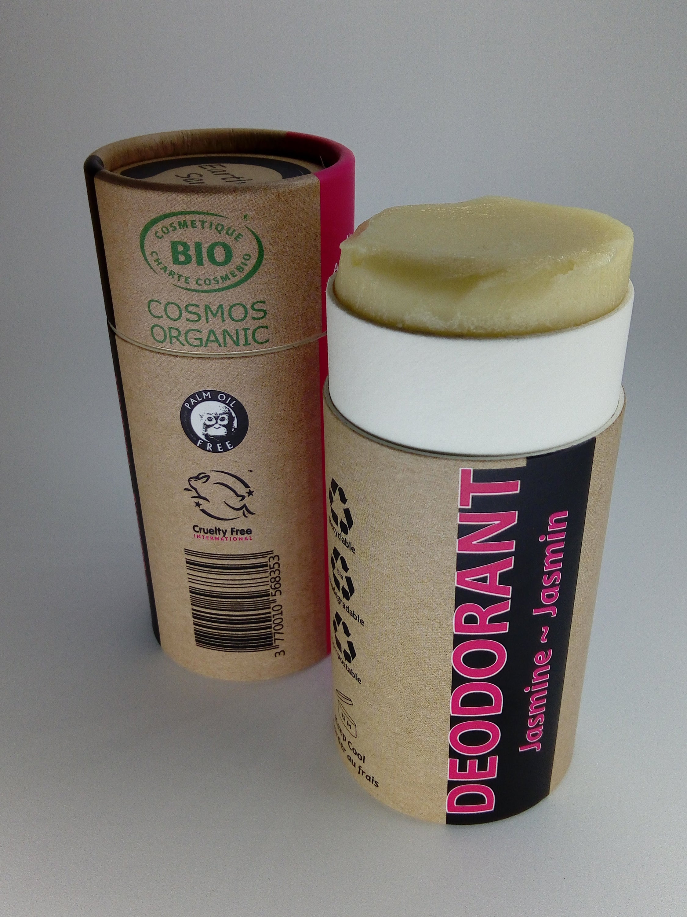 A collection of 12 x 100ml Organic Certified Natural Deodorant tubes in jasmine scent, packaged in eco-friendly recycled paper tubes.