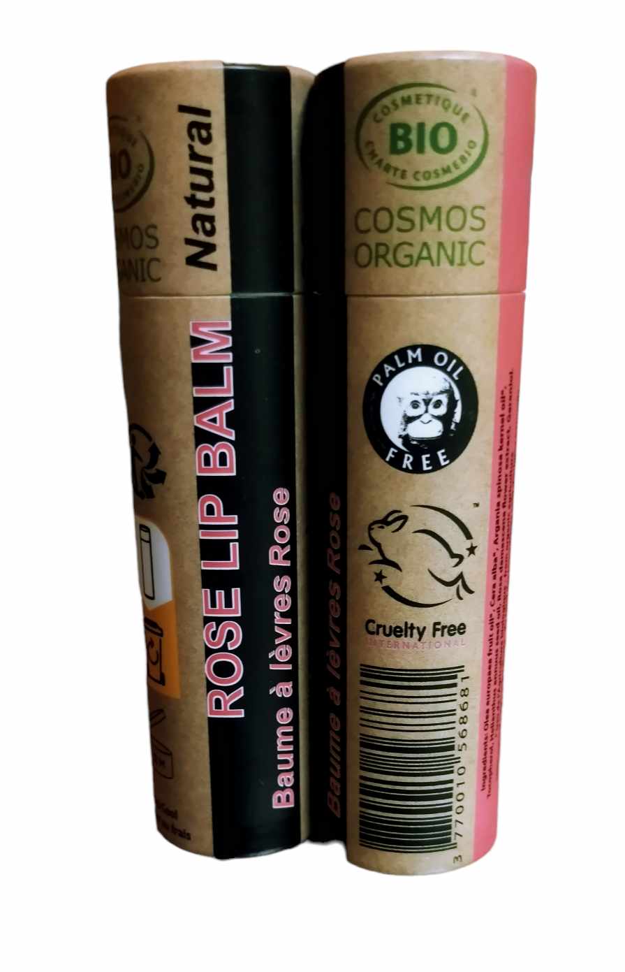 A collection of 30 tubes of 15ml Organic Rose Lip Balm, showcasing their eco-friendly packaging and natural ingredients.