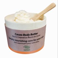 A collection of six 200ml jars of Organic Cacao Body Butter, showcasing their rich, creamy texture and natural cacao color.