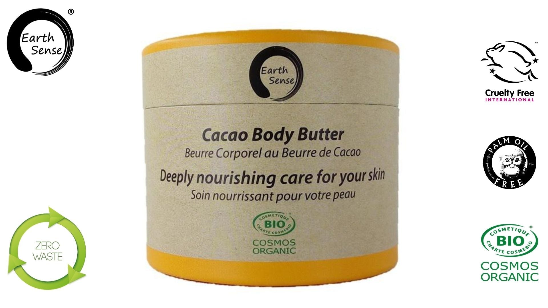 A collection of six 200ml jars of Organic Cacao Body Butter, showcasing their rich, creamy texture and natural cacao color.