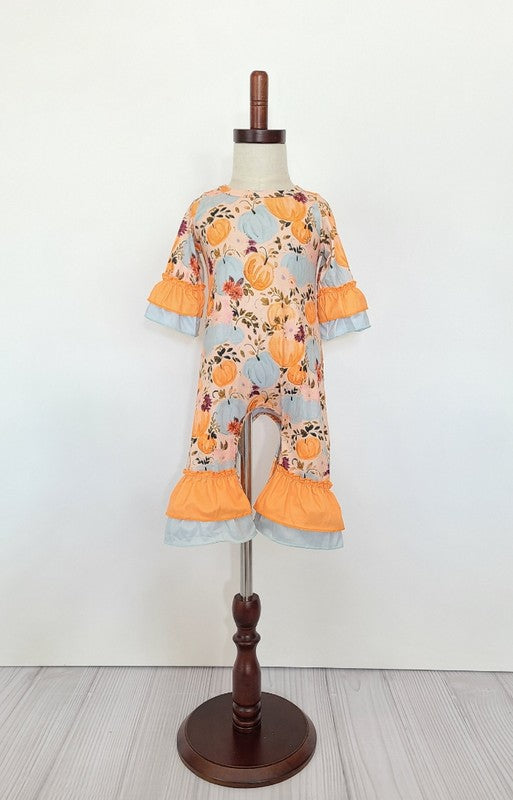 Melancholy Pumpkin Baby Romper featuring a cute pumpkin design, made from soft Butter Cotton, with snap bottom for easy diaper changes.