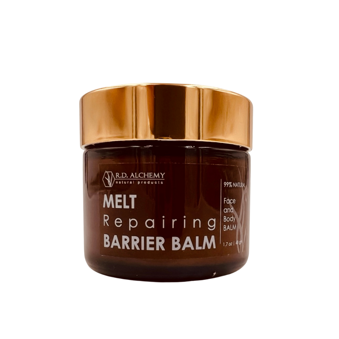 MELT Barrier Balm in a sleek container, showcasing its rich texture and moisturizing properties for dry, damaged skin.