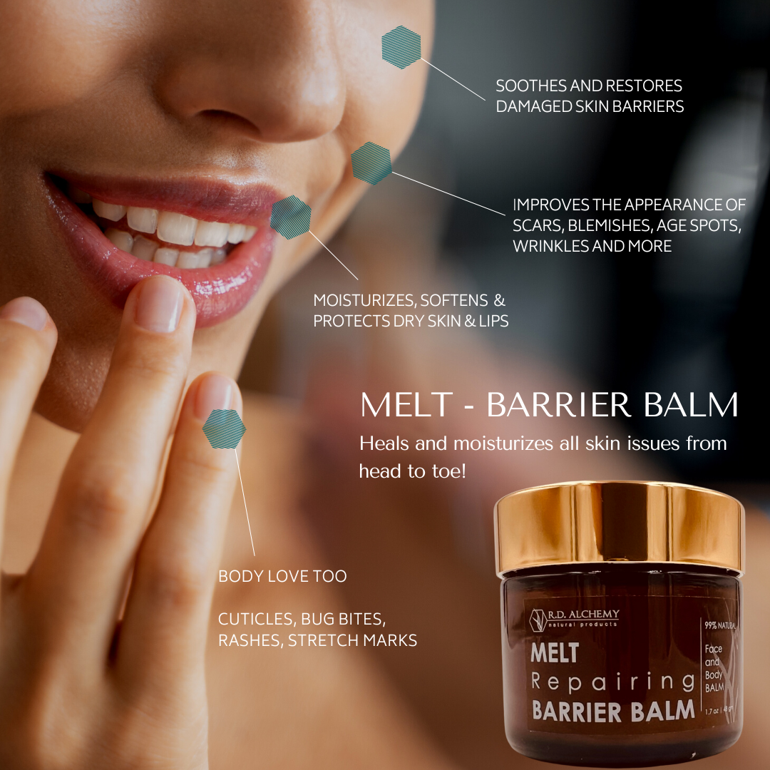 MELT Barrier Balm in a sleek container, showcasing its rich texture and moisturizing properties for dry, damaged skin.