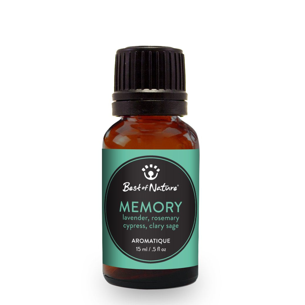 A bottle of Memory Aromatique essential oil blend featuring Lavender, Rosemary, Cypress, and Clary Sage, surrounded by fresh herbs.