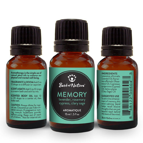 A bottle of Memory Aromatique essential oil blend featuring Lavender, Rosemary, Cypress, and Clary Sage, surrounded by fresh herbs.