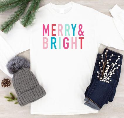 Merry & Bright Long Sleeve Tee in festive design, made from soft 100% cotton, showcasing unisex fit and vibrant colors.